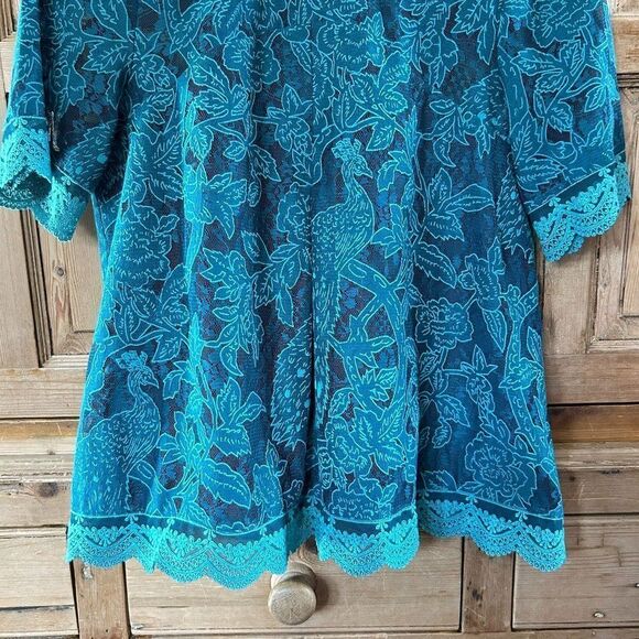 HD In Paris 6 Blouse Green Lace Peacock Floral Pattern Short Sleeve High Neck - Picture 4 of 8